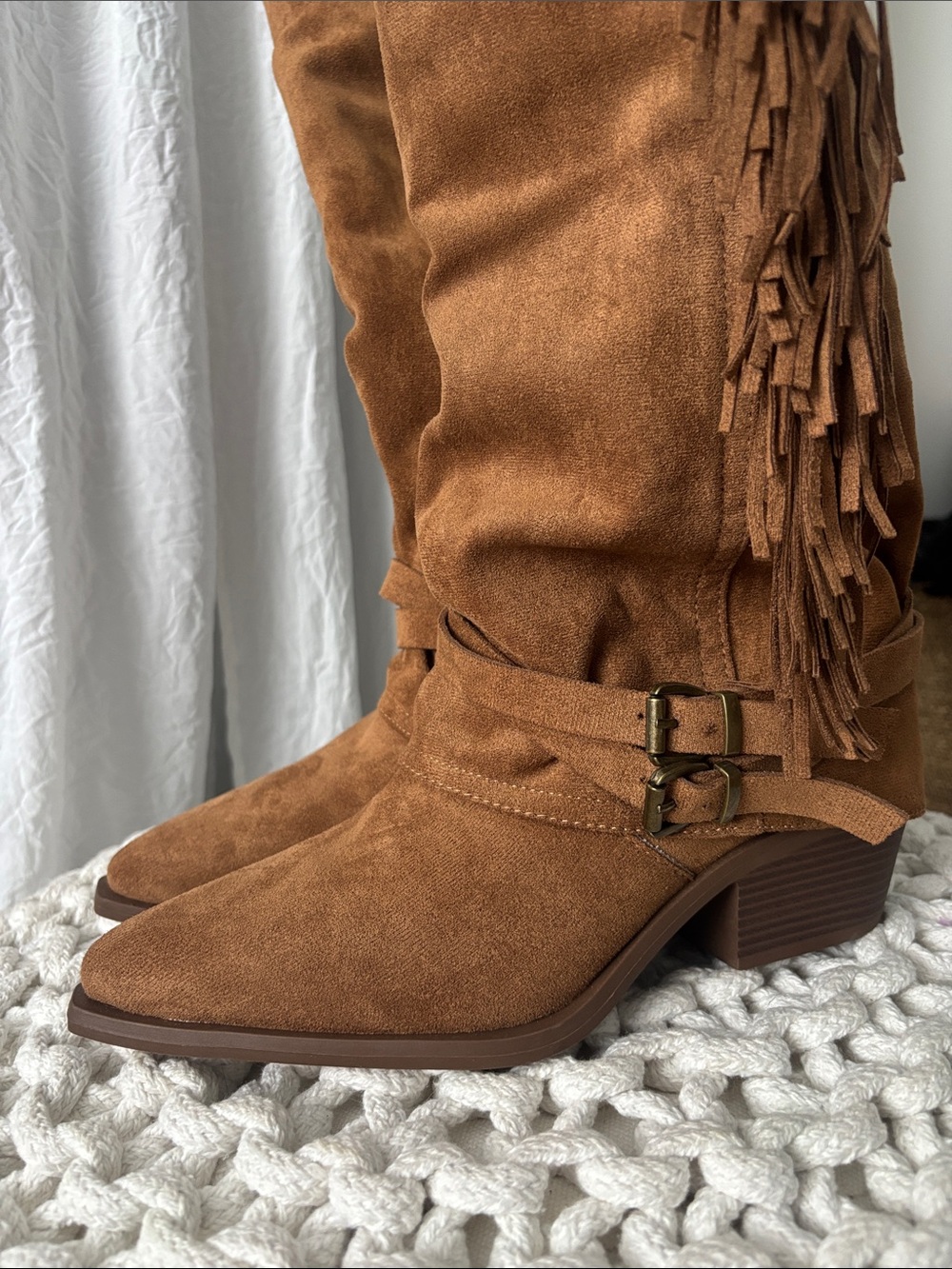 Fringed Tall Suede-Look Heeled Boots in Brown - Picture 2 of 9